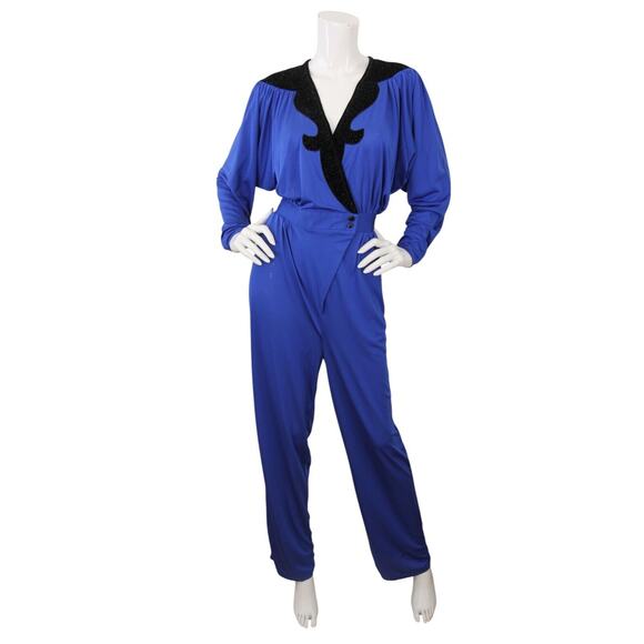 Oscar de la Renta Vintage 80's Jumpsuit Blue Polyester Velvet Long Sleeve Sz 12 - Picture 1 of 6